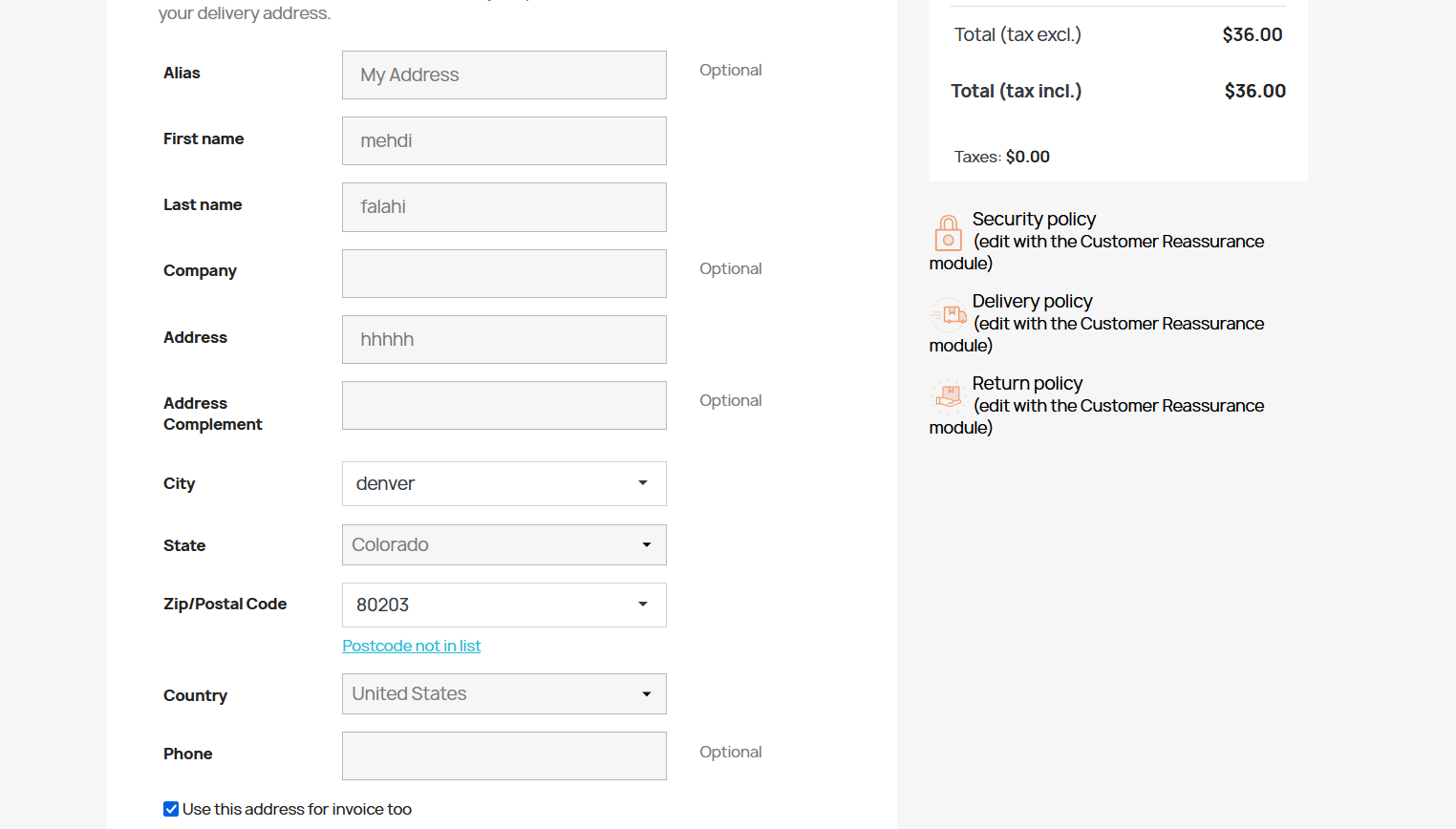 Checkout address form with city and postcode dropdowns