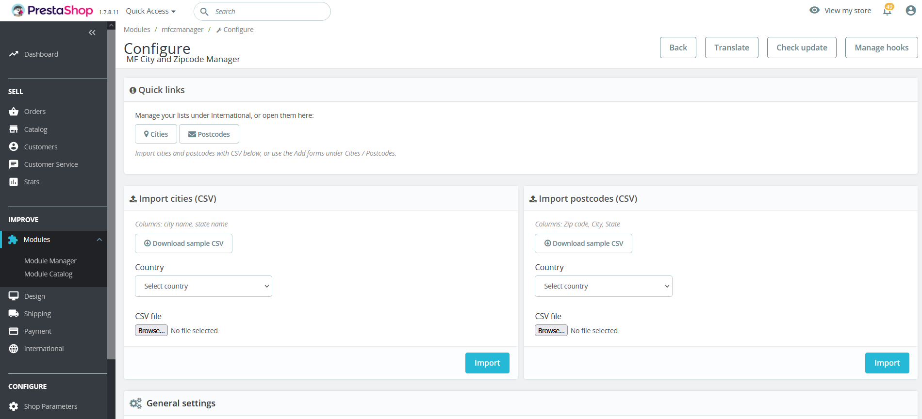 Module configure page with CSV import