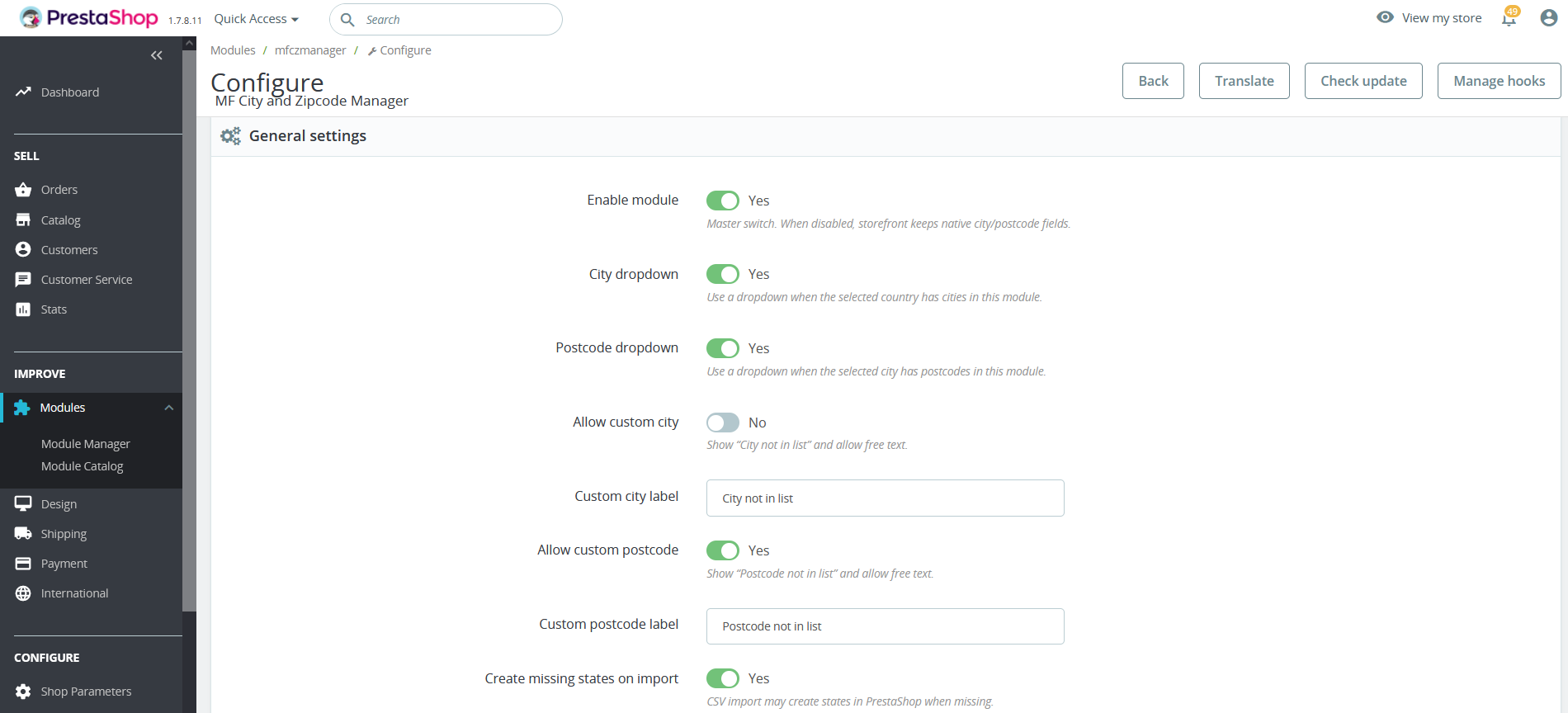 General settings for MF City and Zipcode Manager