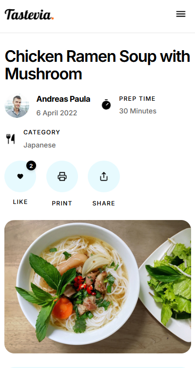 Tastevia recipe page on mobile